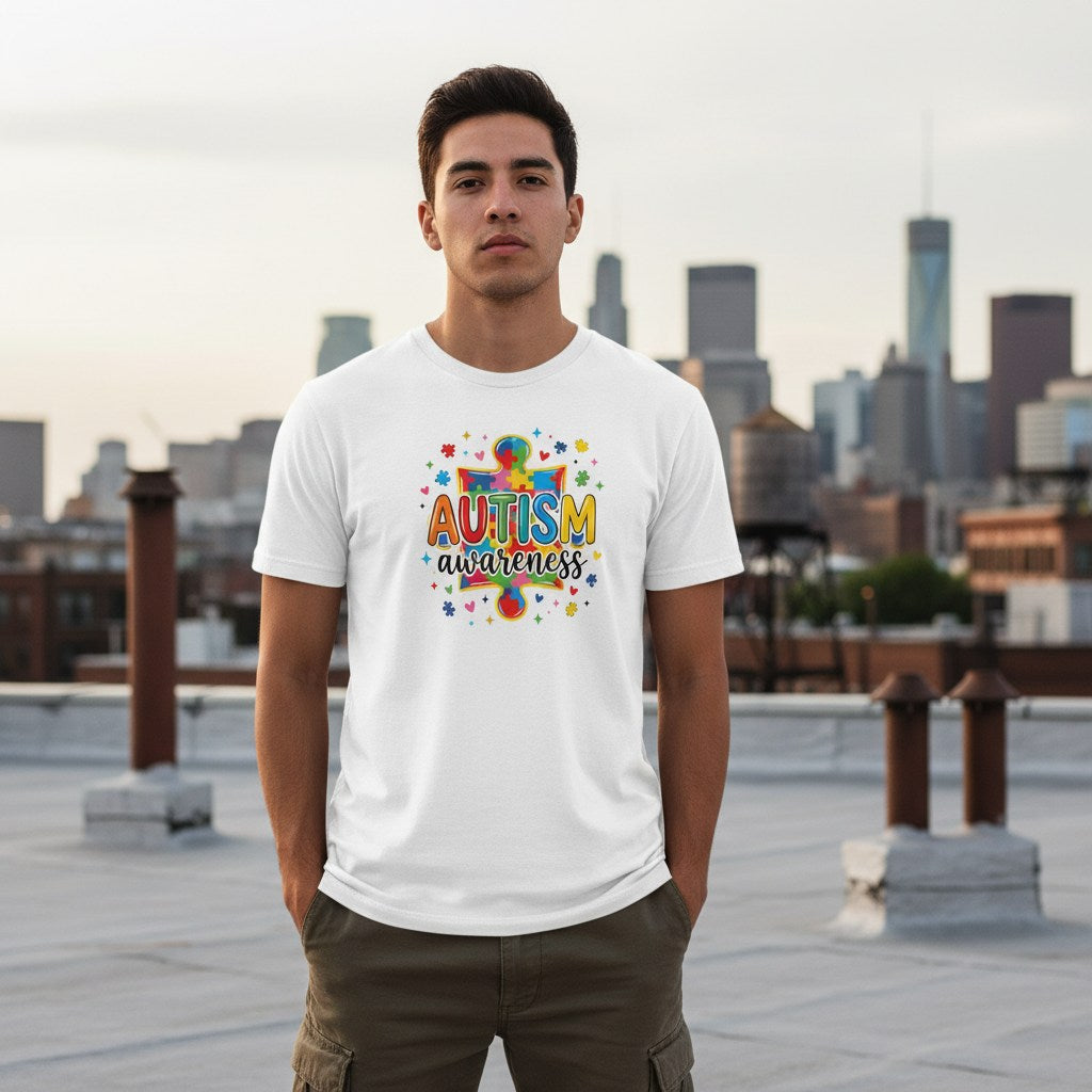 Latino man wearing a white autism awareness puzzle piece t-shirt.
