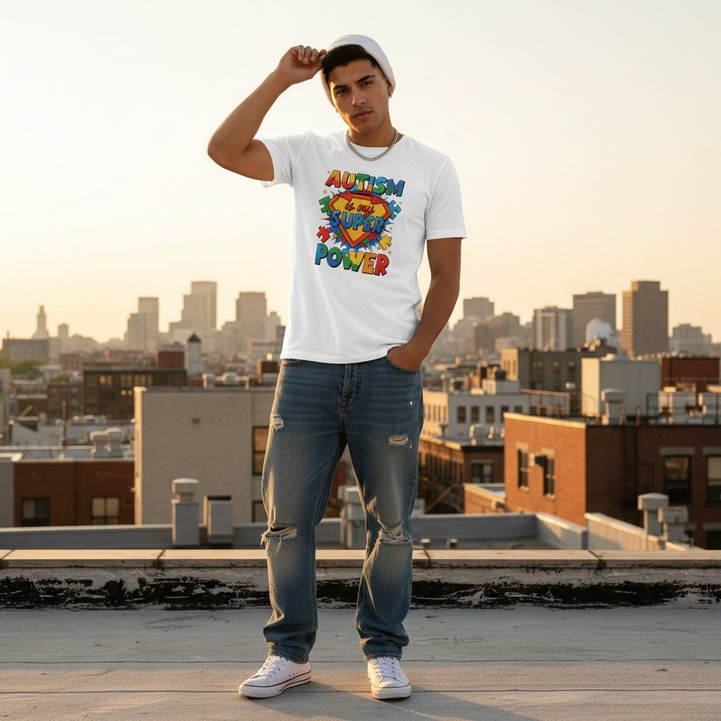 Latino man wearing a white autism awareness t-shirt.