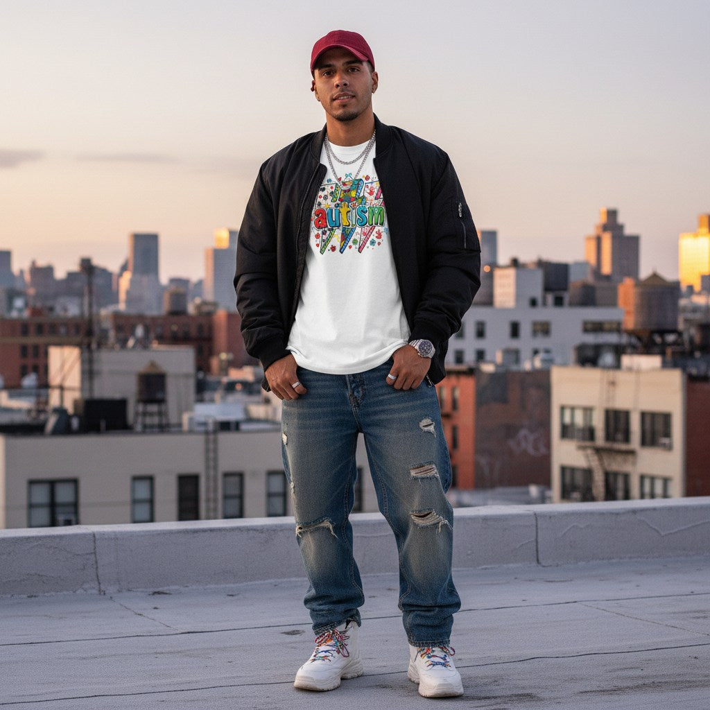 Latino man wearing a white autism lightning bolt doodle t-shirt.