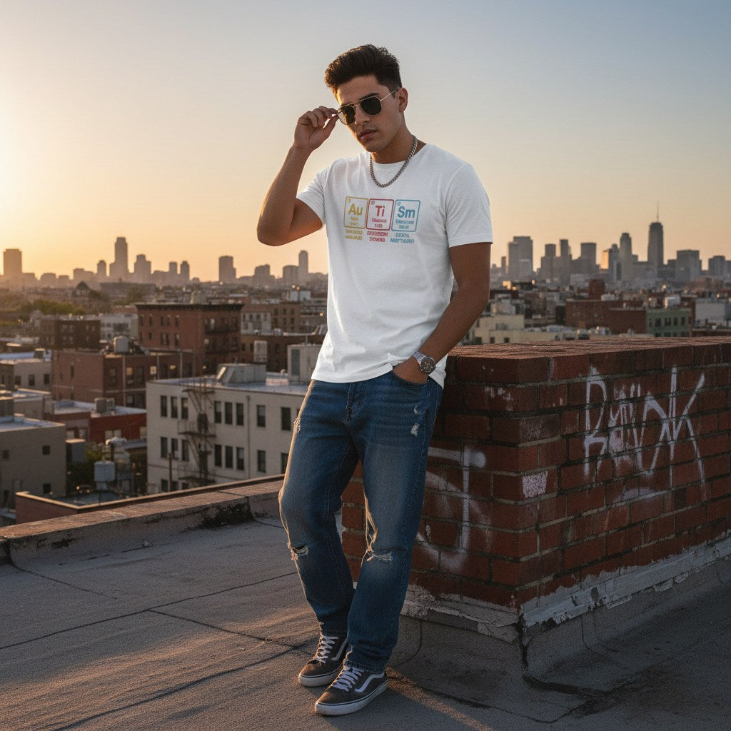 Latino man wearing a white autism awareness periodic table T-shirt.