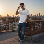 Latino man wearing a white autism awareness periodic table T-shirt.