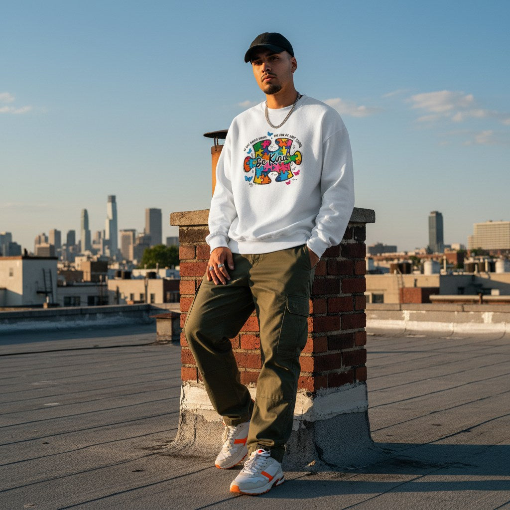 Latino man wearing a white Be Kind autism awareness puzzle piece sweatshirt.