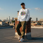 Latino man wearing a white Be Kind autism awareness puzzle piece sweatshirt.