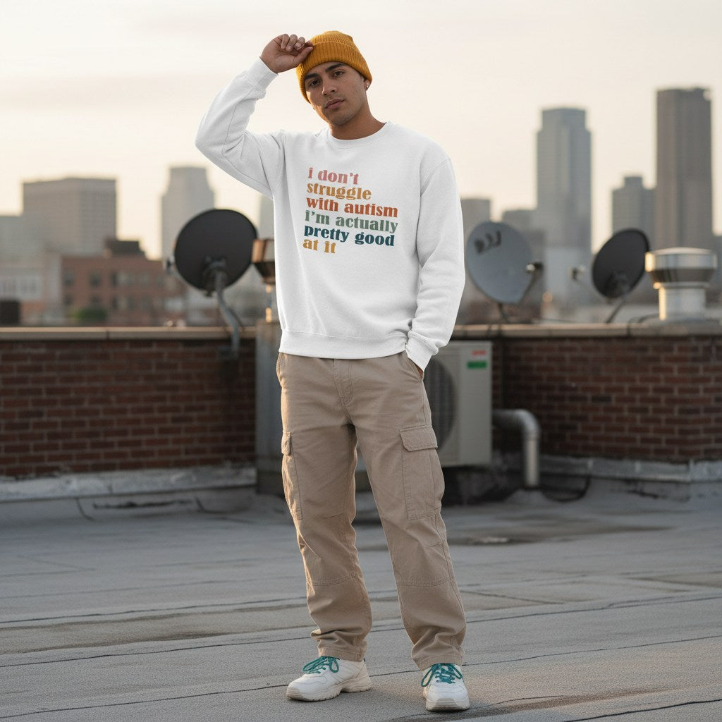 Latino man wearing a white autism awareness sweatshirt.