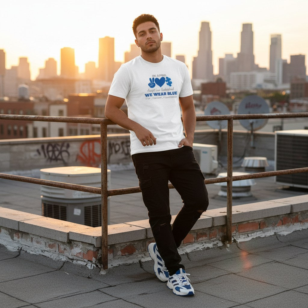 Latino man wearing a white autism awareness T-shirt.