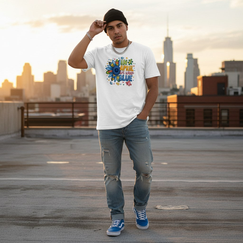 Latino man wearing a white autism awareness t-shirt in a streetwear style.