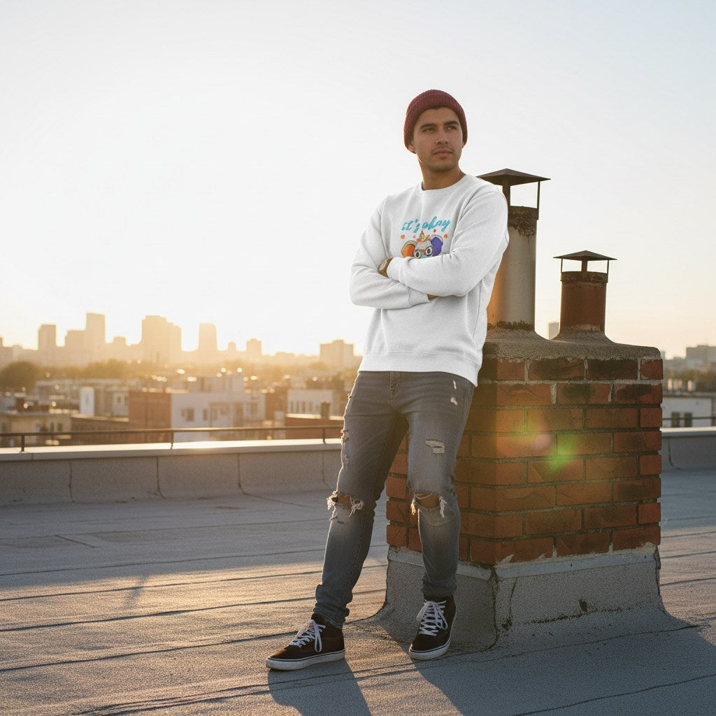 Latino man wearing a white "Its Okay To Be Different" autism awareness elephant sweatshirt.