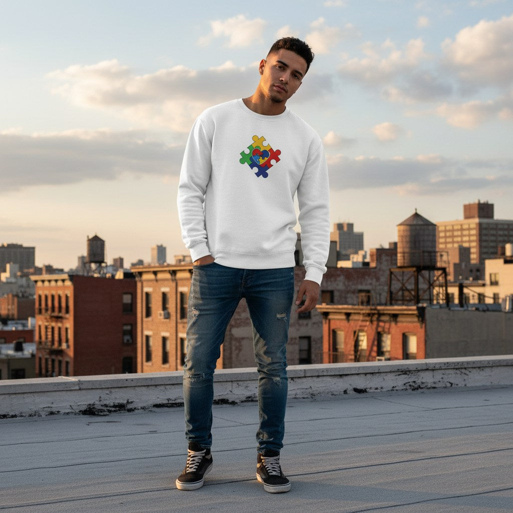 Latino man wearing a white autism awareness sweatshirt with a puzzle heart logo.
