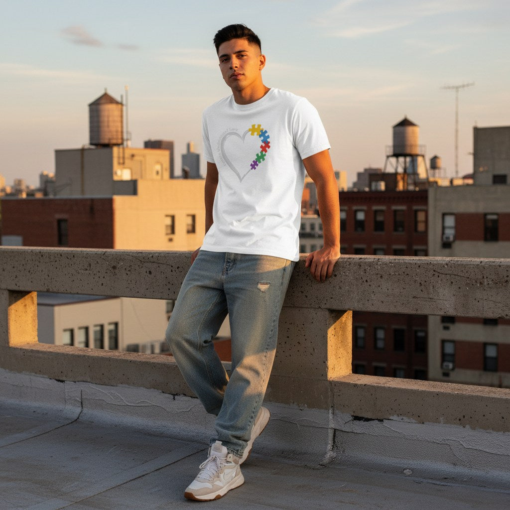 Latino man wearing a white autism awareness puzzle piece heart outline t-shirt.