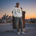 Latino man wearing a white retro sunset puzzle piece autism awareness sweatshirt.