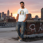 Latino man wearing a white autism awareness t-shirt in a streetwear style.