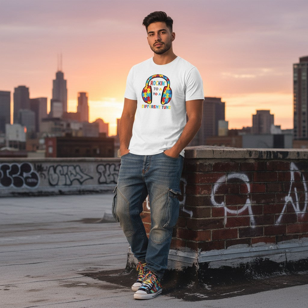 Latino man wearing a white autism awareness t-shirt in a streetwear style.