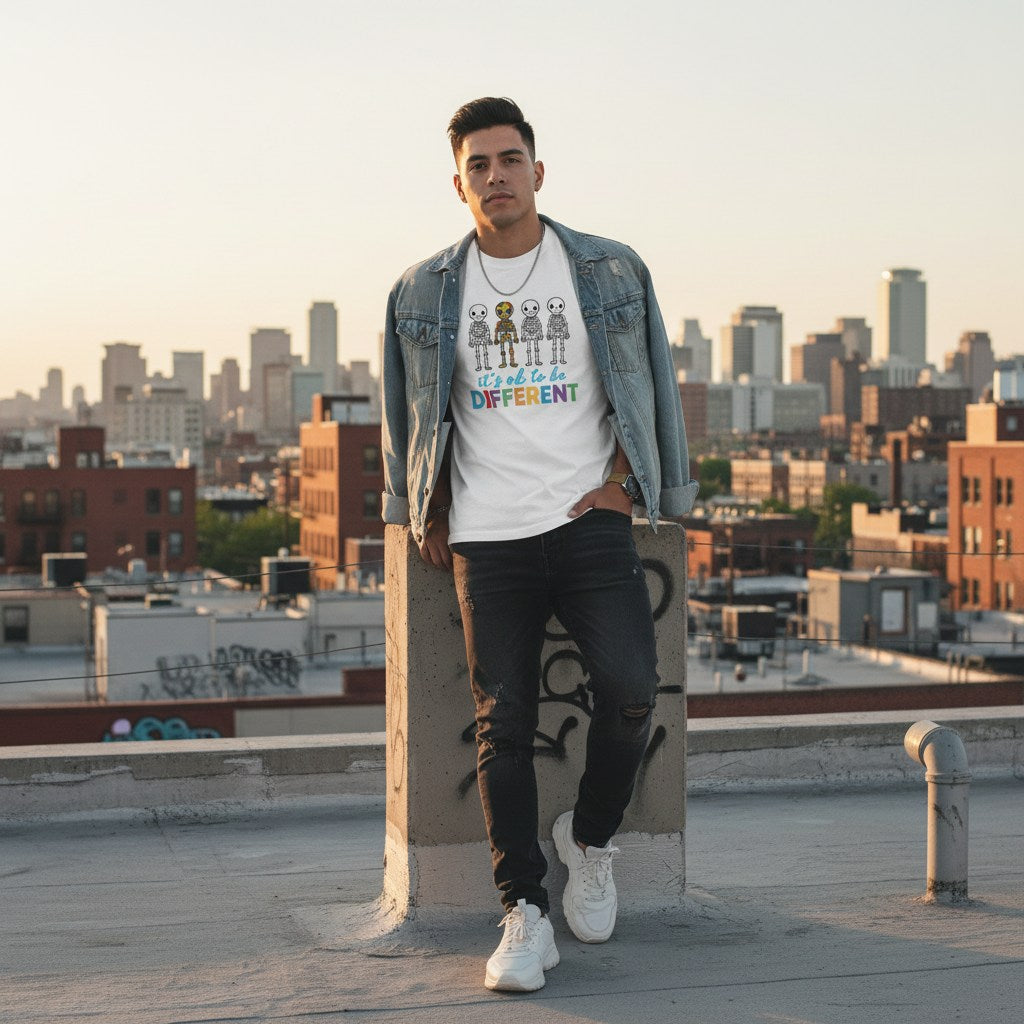Latino man wearing a white autism awareness skeleton puzzle t-shirt.
