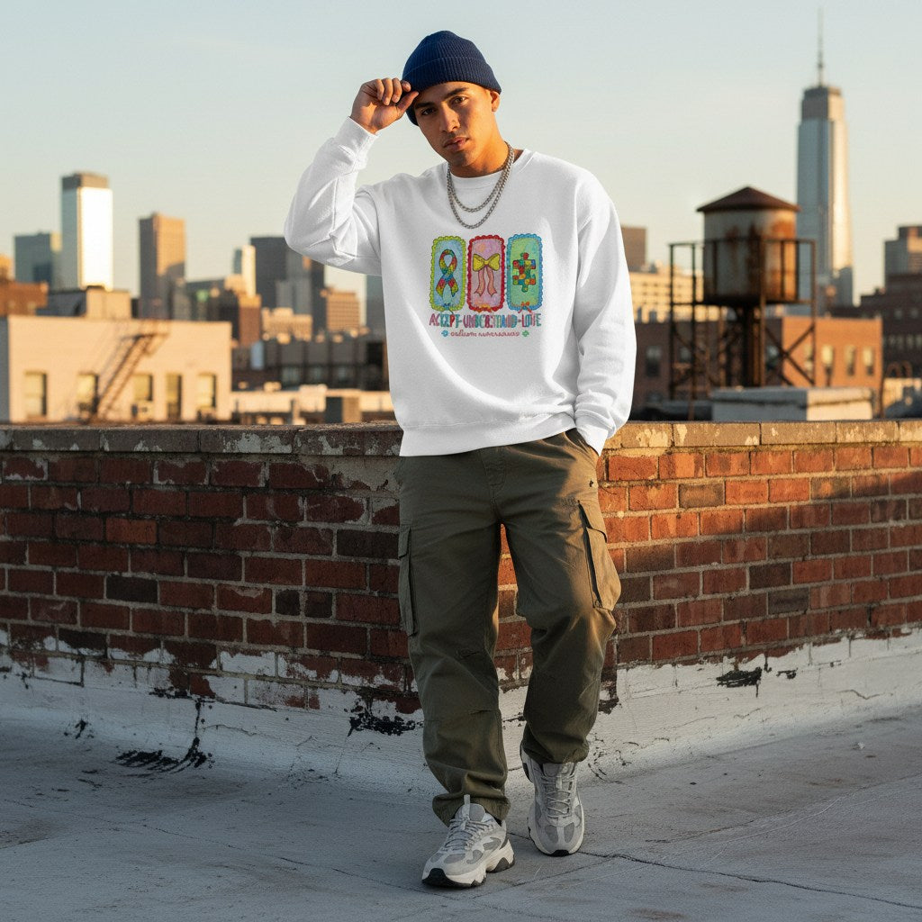 Latino man wearing a white autism awareness sweatshirt in a streetwear style.