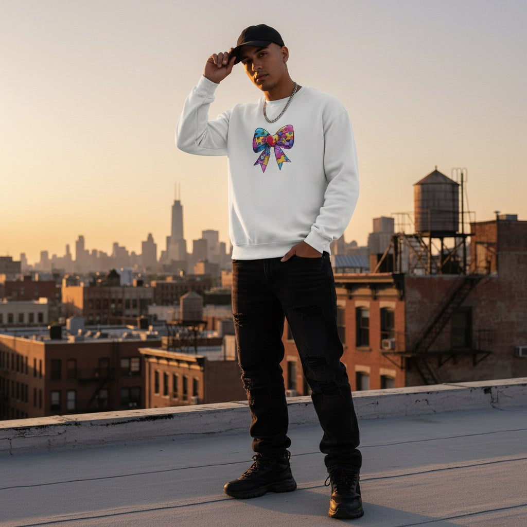 Latino man wearing a white autism awareness puzzle piece bow sweatshirt in a streetwear style.