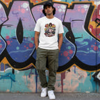 Latino man in a white streetwear shirt standing in an urban setting.
