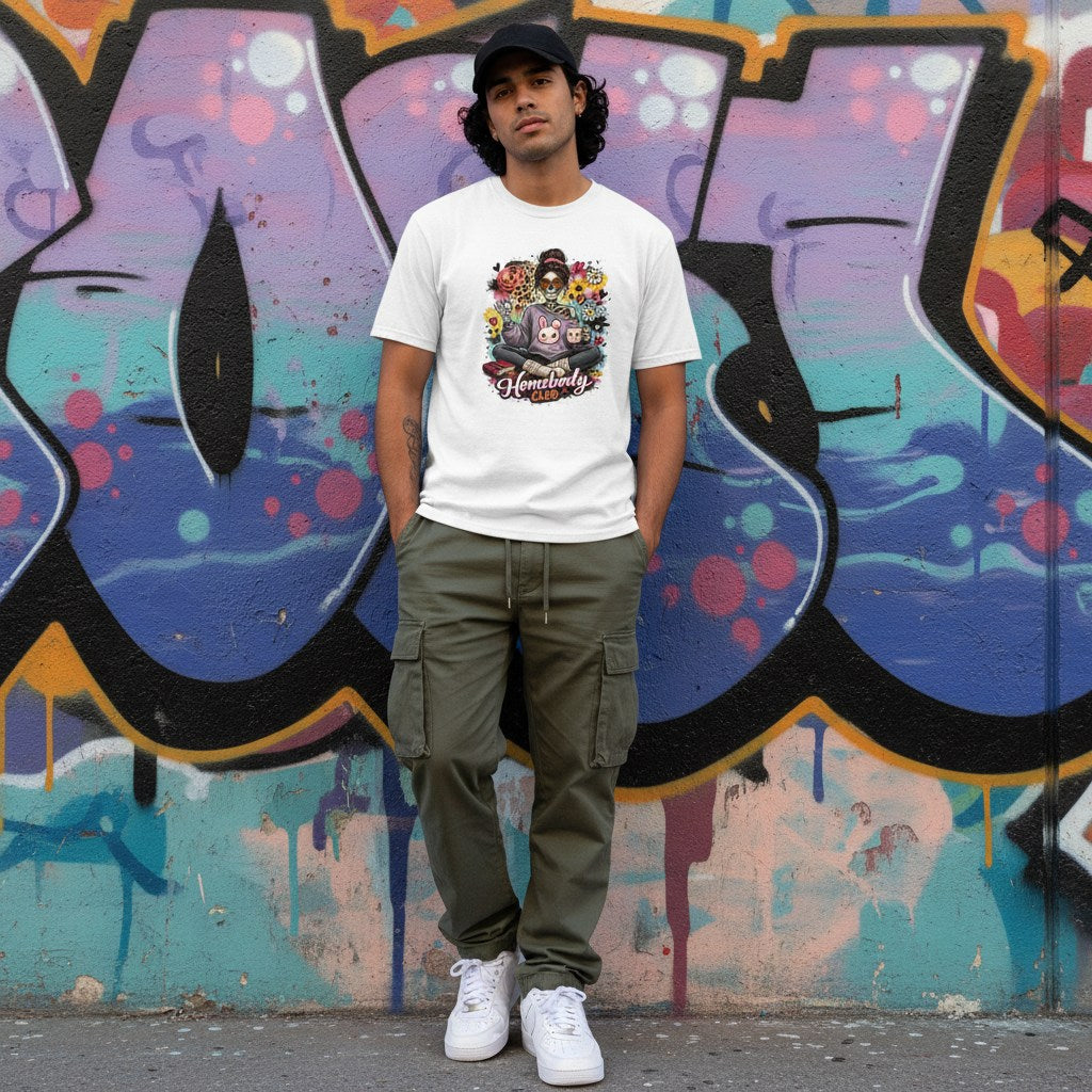 Latino man in a white streetwear shirt standing in an urban setting.