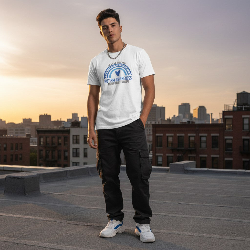 Latino man wearing a white autism awareness t-shirt.