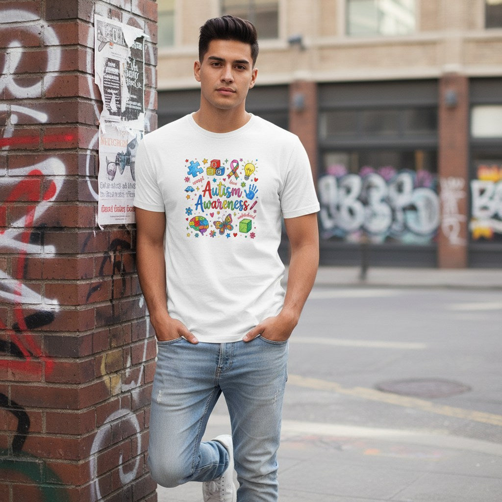 Latino man wearing a white autism awareness t-shirt.