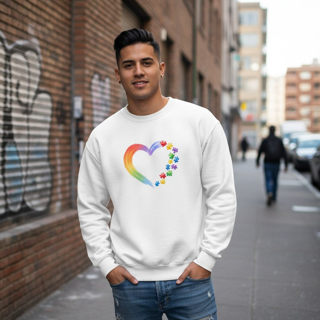 Latino man wearing a white rainbow heart puzzle sweatshirt.