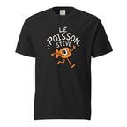 Front view of a Black T-shirt featuring an orange, one-eyed running fish beneath the words “LE POISSON STEVE” and motion lines.