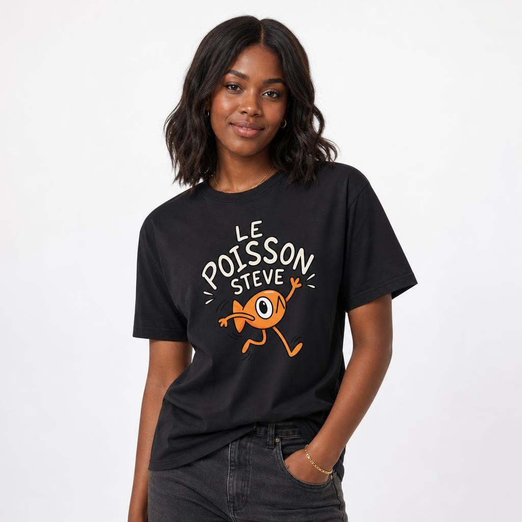 Model wearing a black T-shirt with a humorous orange one-eyed running fish beneath the words “LE POISSON STEVE.”