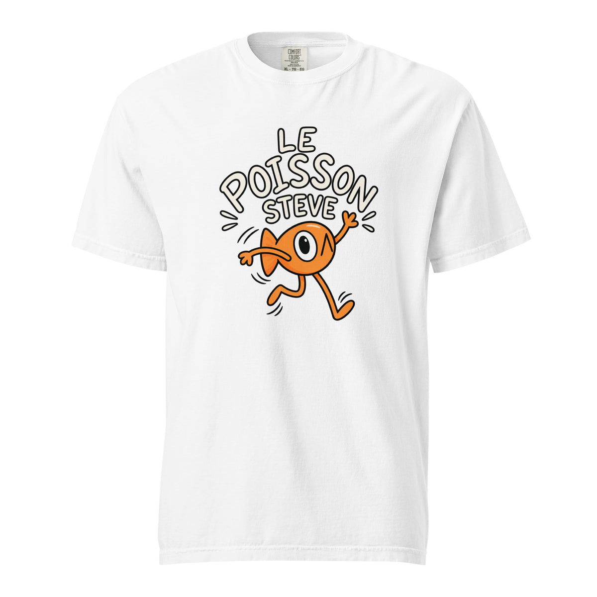 White T-shirt with a humorous cartoon orange, one-eyed running fish beneath the curved words “LE POISSON STEVE”