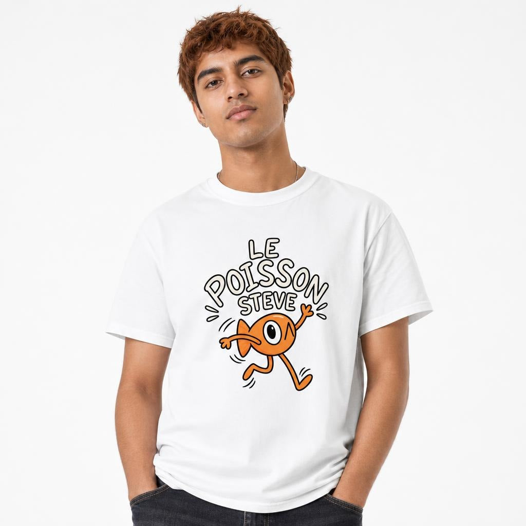Model wearing a white T-shirt with an orange one-eyed running fish beneath the words “LE POISSON STEVE.”