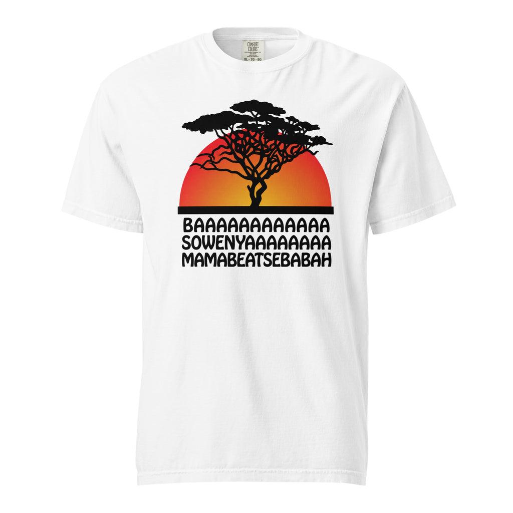 White T-shirt featuring a silhouetted acacia tree against a red-orange sunset, with bold decorative lettering reading “BAAAAA SOWENYAAAA MAMABEATSEBABAH.”