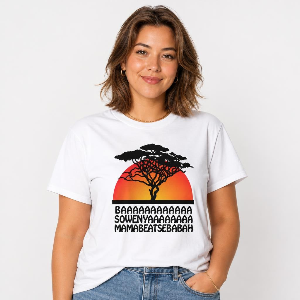 White T-shirt on a model featuring a stylised black acacia tree silhouetted against a red-orange sunset with bold lettering below.