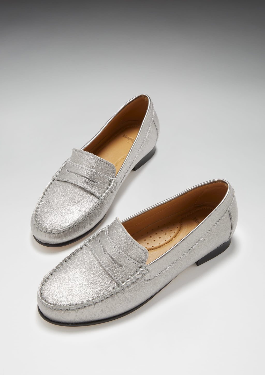 Hugs & Co Womens Penny Loafers Leather Sole Titanium Metallic Leather