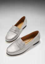 Hugs & Co Womens Penny Loafers Leather Sole Titanium Metallic Leather
