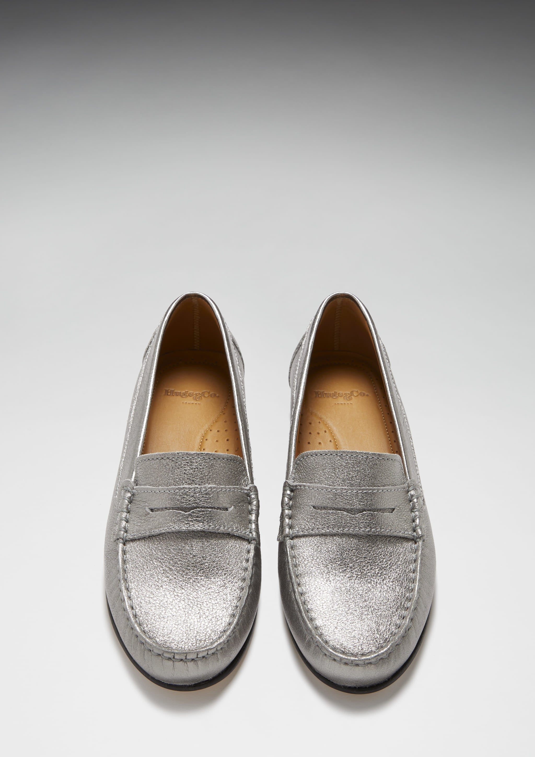Hugs & Co Womens Penny Loafers Leather Sole Titanium Metallic Leather