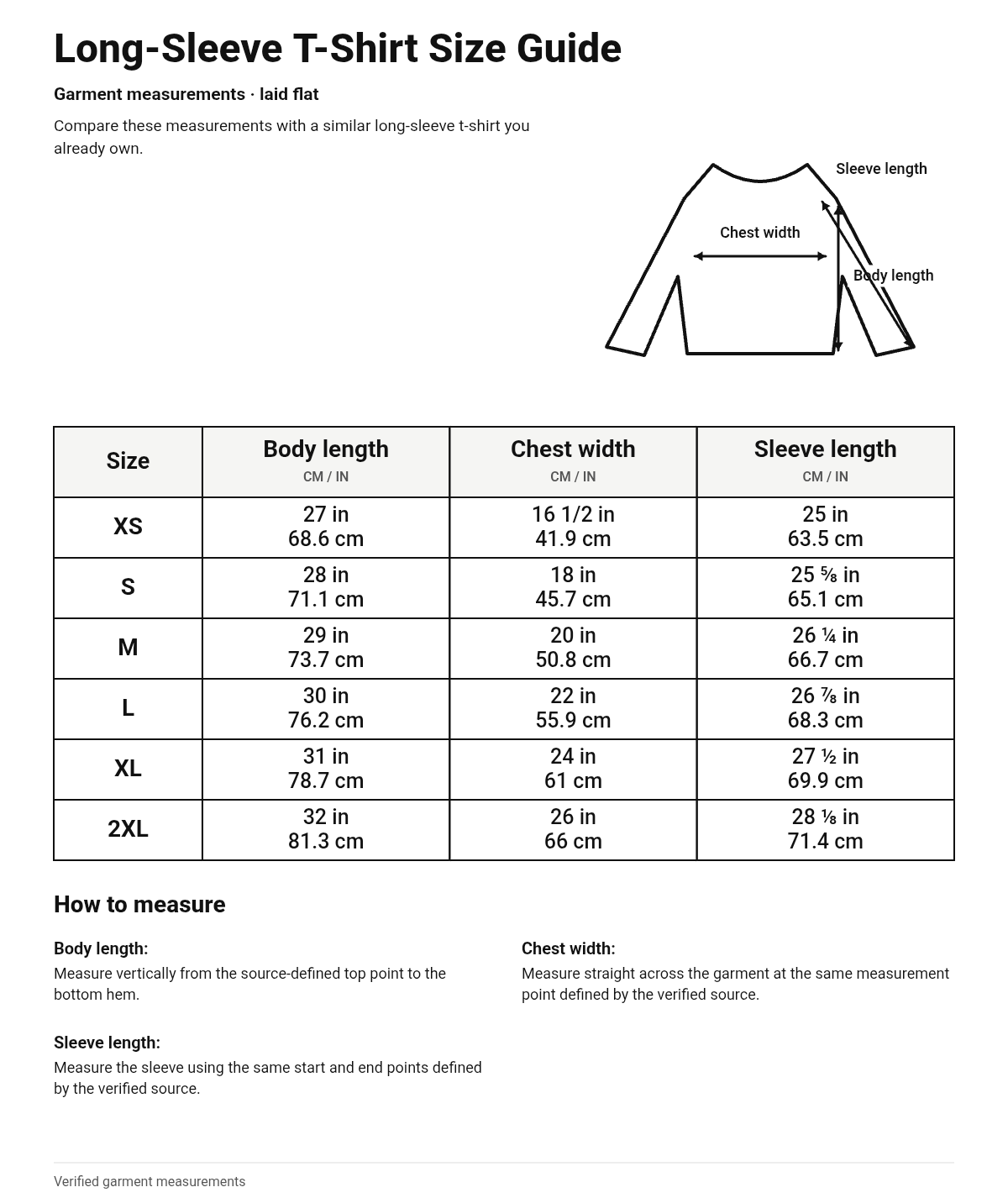 Size guide for T-Shirt