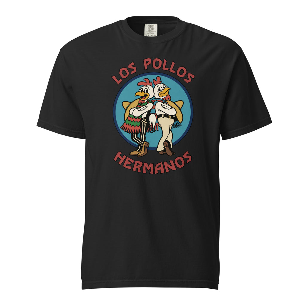 Front view of a black T-shirt featuring two cartoon chickens in a blue emblem, with “LOS POLLOS HERMANOS” lettering.