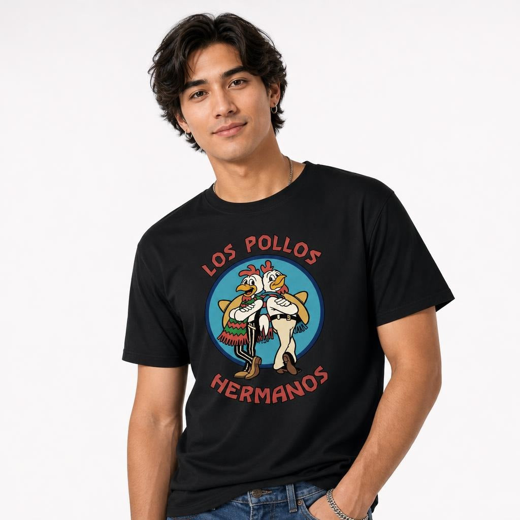 Model wearing a black T-shirt with two cartoon chickens in a blue emblem, colorful clothing, and red “LOS POLLOS HERMANOS” text.