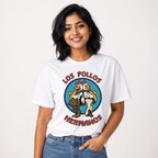 Model wearing a White T-Shirt featuring two cartoon chickens in western-style clothing inside a blue emblem with Los Pollos Hermanos lettering.