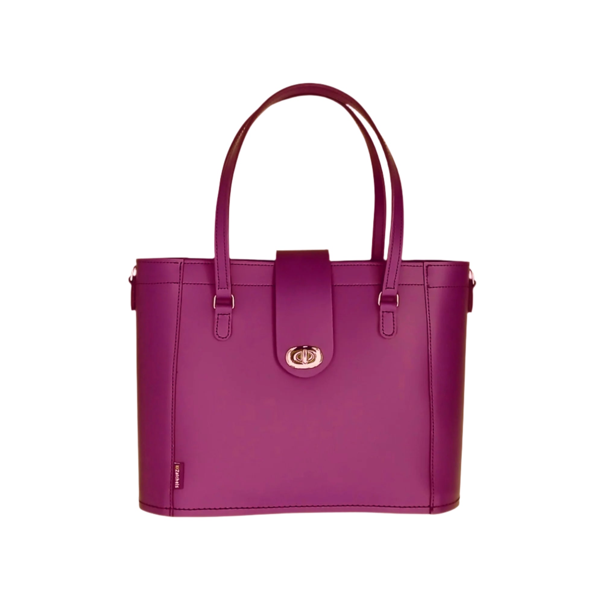 Purple handbag with a gold clasp on a white background