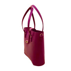 Red handbag with gold accents on a white background