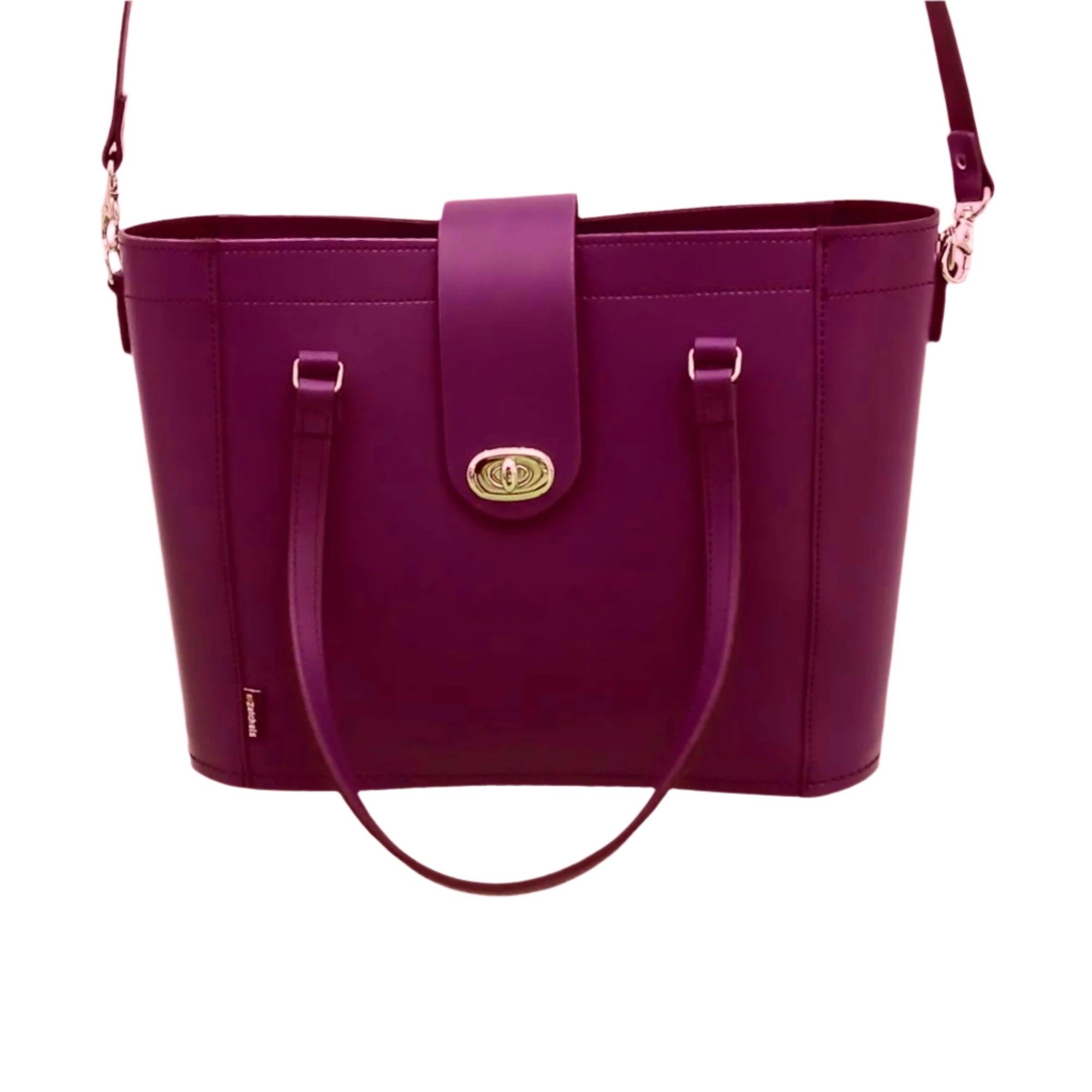 Purple handbag with a gold clasp on a white background