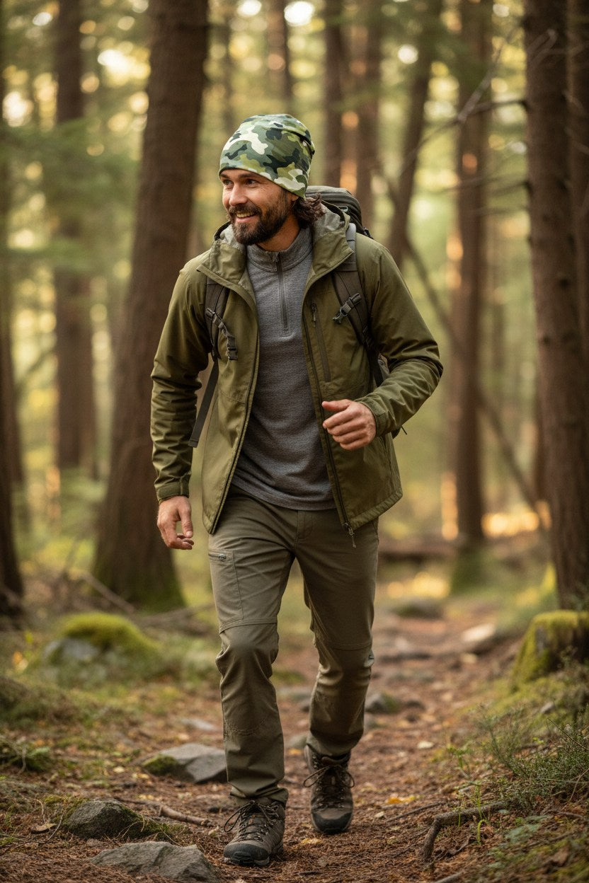 Man in hiking gear walking through a forest
