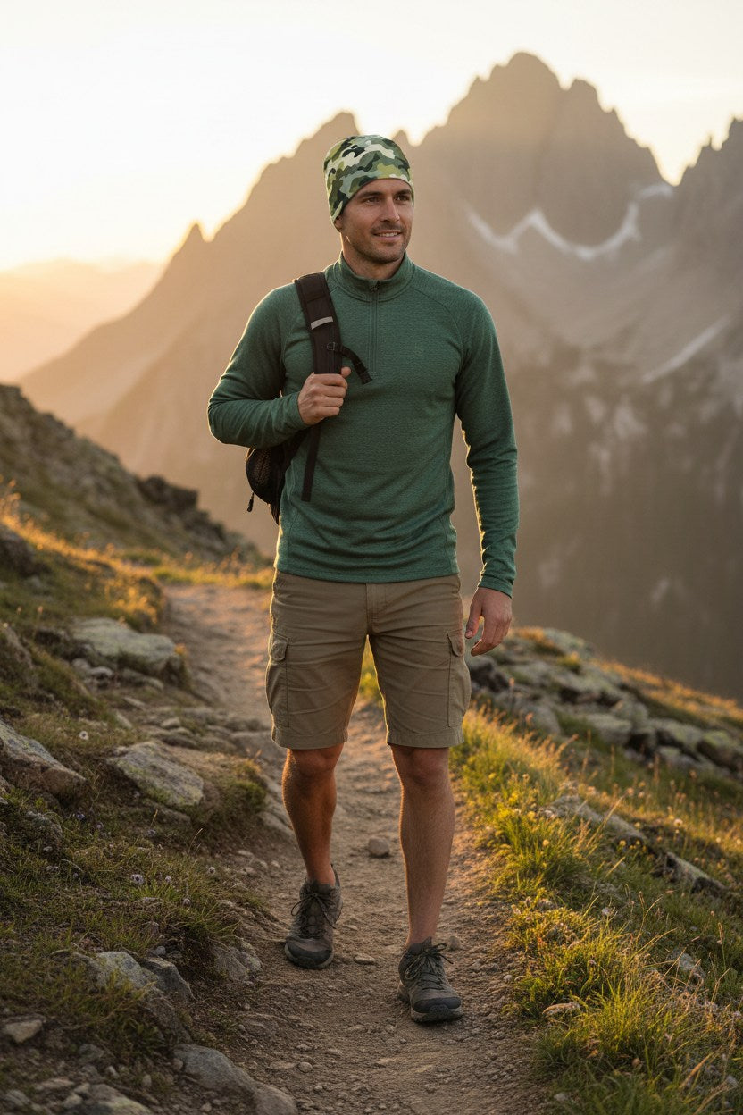 Man hiking on a mountain trail with mountains in the background