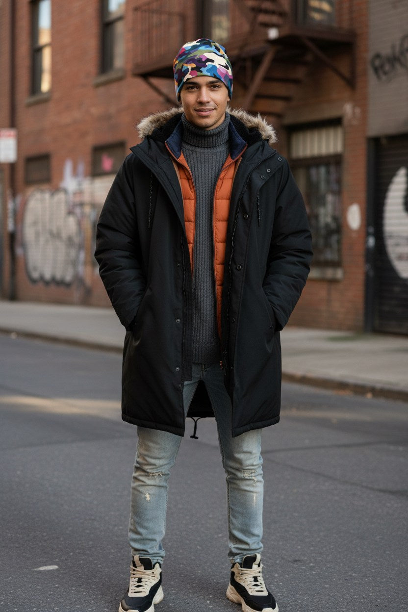 Vibrant Multi Camo Adventure Beanie - Double-Layered Outdoor Streetwear by StayClothed.com