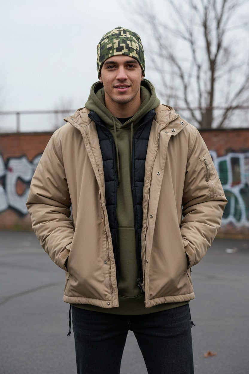 Digital Tan Camo Adventure Beanie - Double-Layered Outdoor Streetwear by StayClothed.com