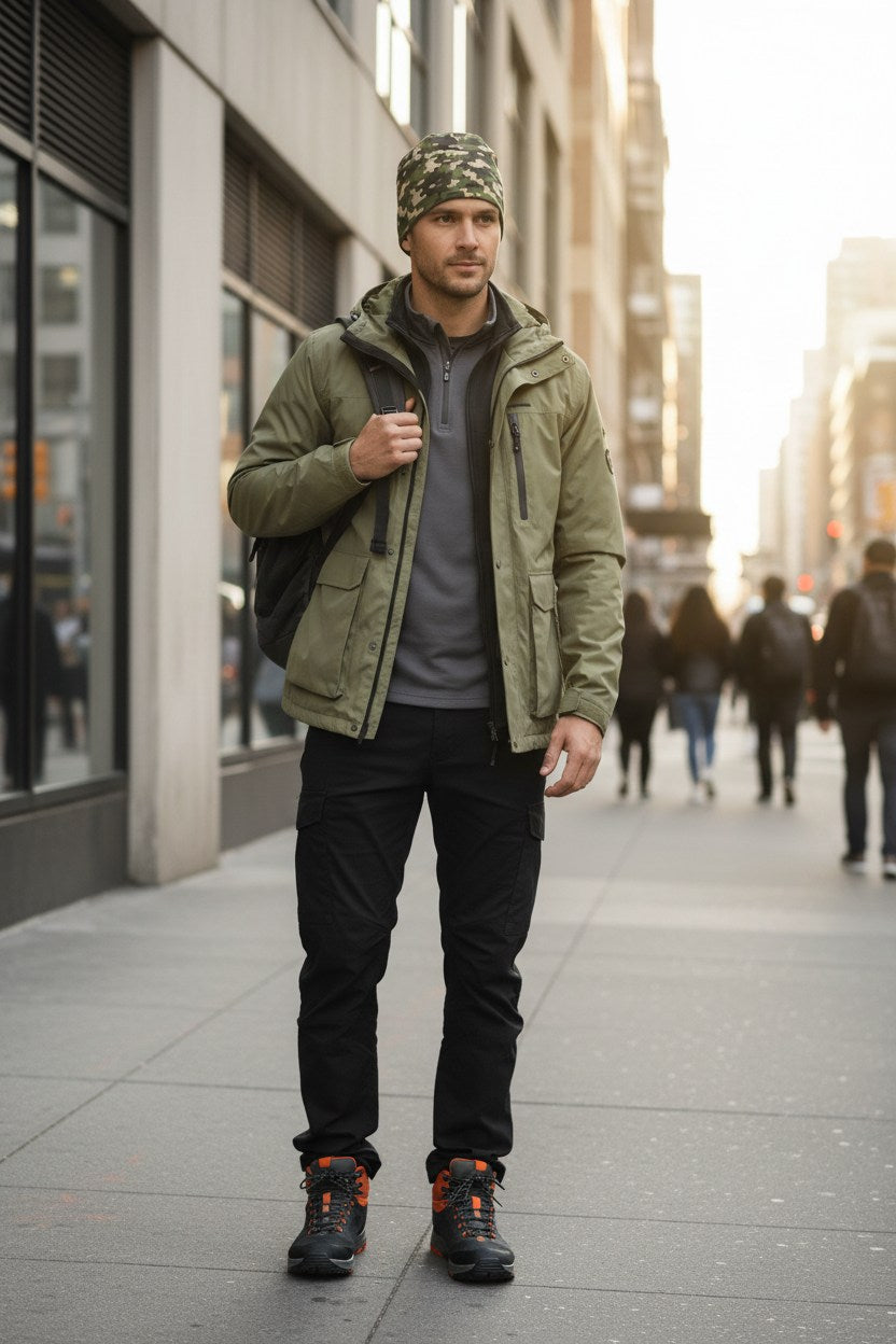 Man wearing a green jacket and black pants standing on a city street wearing a camouflage patterned beanie