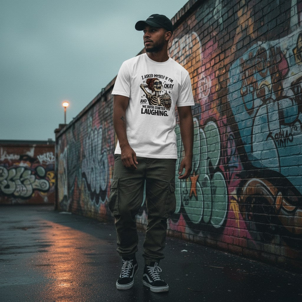 Male streetwear model in a black hoodie leaning against a graffiti wall