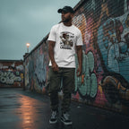 Male streetwear model in a black hoodie leaning against a graffiti wall