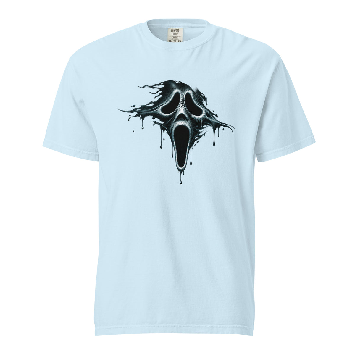 Front view of a Chambray T-shirt featuring a central black melting ghost skull graphic with hollow eyes, elongated open mouth, and dripping edges.
