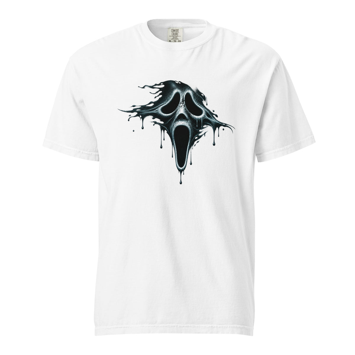 Front view of a white T-shirt with a central black melting ghost skull graphic, hollow eyes, elongated mouth and dripping edges.