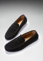 Hugs & Co Mens Tyre Sole Penny Driving Loafers Black Suede